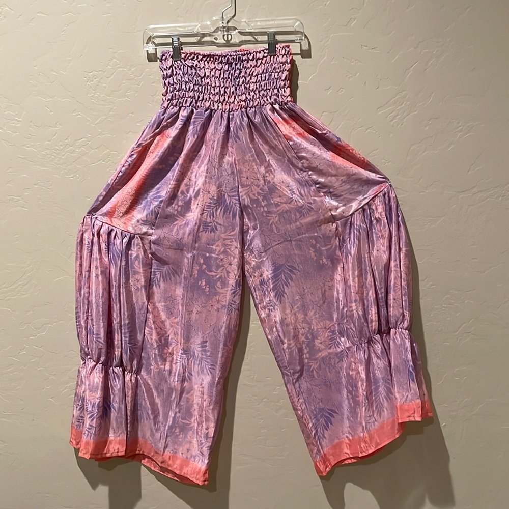 Smocked waist, pink,lavendar and coral palazzo pants.